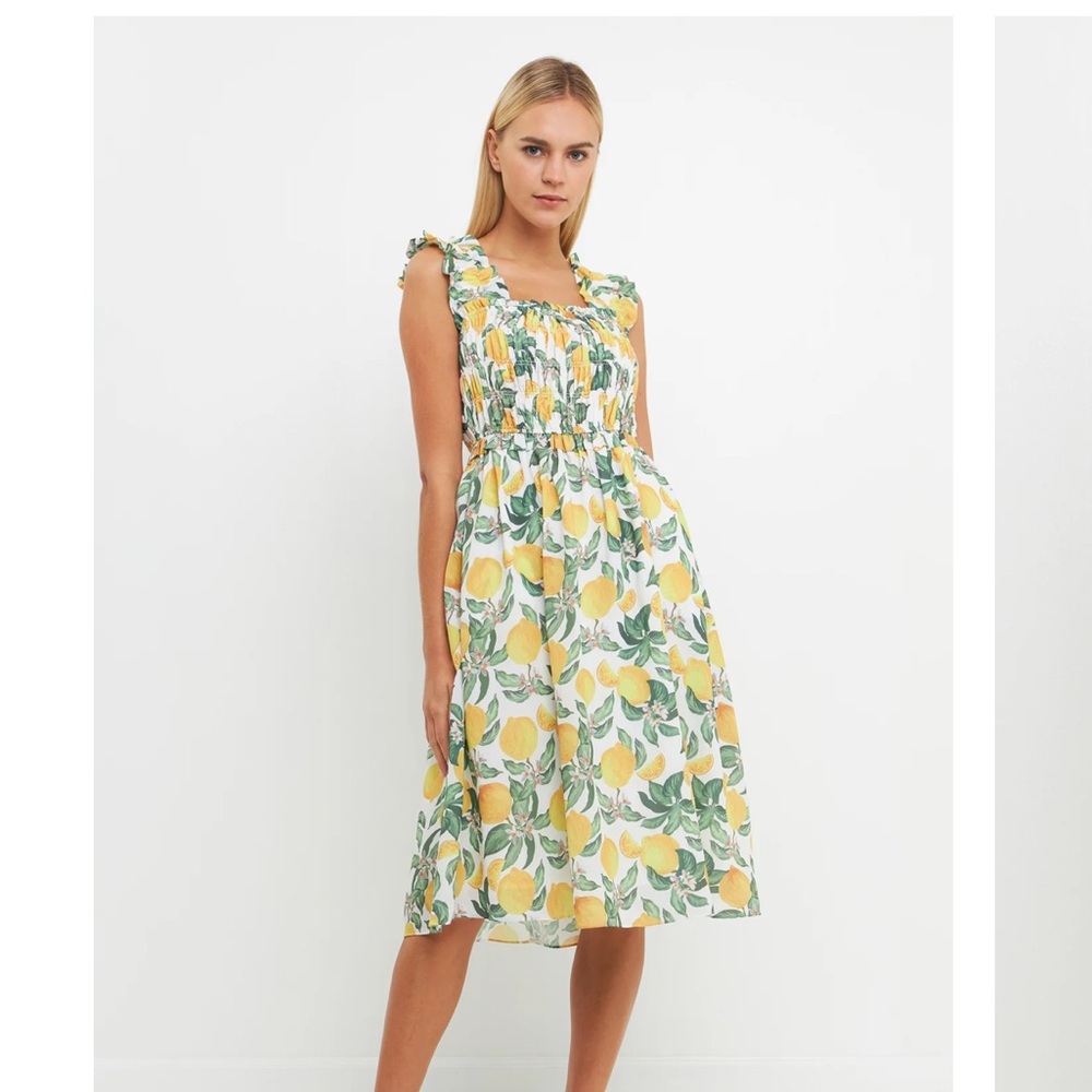 NWT English Factory Lemon Print Smocked Bodice Midi Dress Sz Small